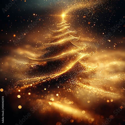 Golden Christmas Tree in a Dreamy Cloud