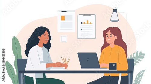 corporate team project discussion between a South Asian female designer and an Indian project manager in a dynamic and innovative business workspace