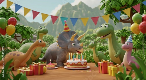 Fototapeta Naklejka Na Ścianę i Meble -  Dinosaur Birthday Party - Adorable cartoon dinosaurs celebrate a birthday with cake and presents. Perfect for children's products or events