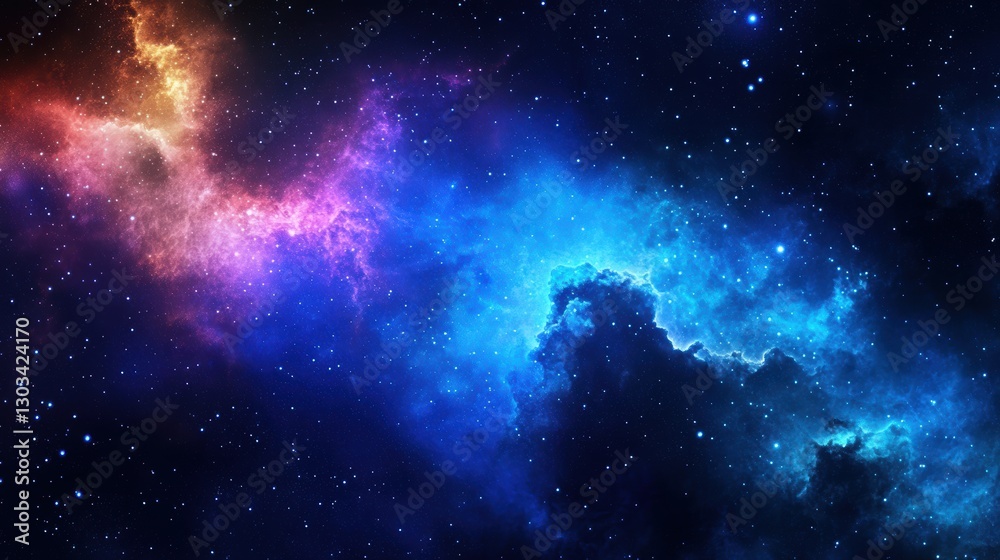 Naklejka premium A vibrant cosmic scene features a colorful nebula with swirling gas clouds and countless stars, perfect for use in space-related media, educational materials, or as a captivating background,