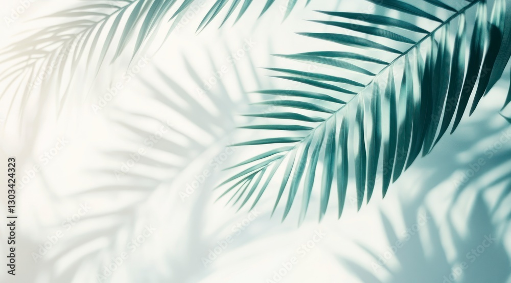 Fototapeta premium Abstract white background with palm leaf shadows, soft focus, and copy space for text. Abstract white background with palm tree leaf shadows. Background with soft,