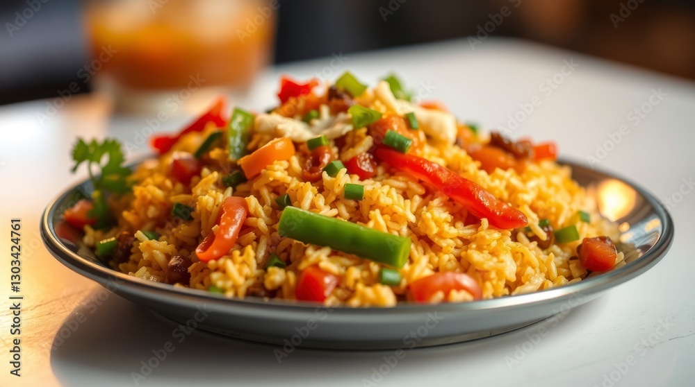 Warm lighting enhances the vibrant colors of a plate of Bhel Puri Warm lighting enhances the vibrant colors of a plate of Bhel Puri