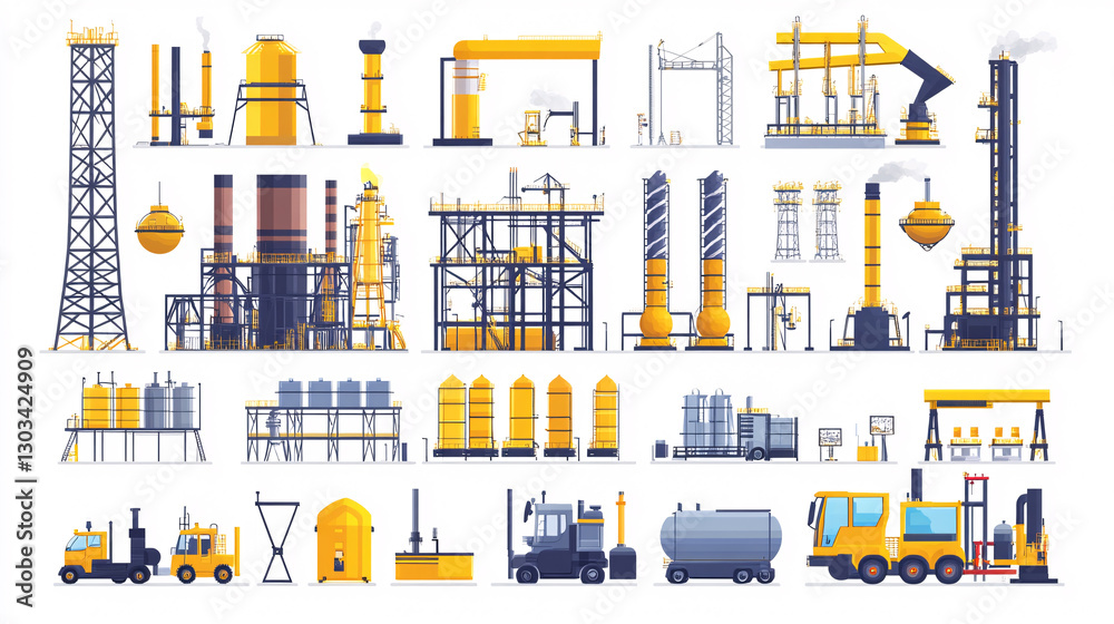 Obraz premium The image showcases various industrial structures and machinery, primarily in yellow and gray, representing construction and manufacturing environments.