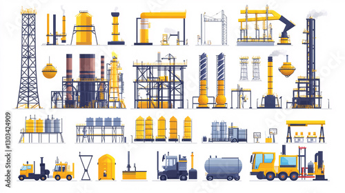 The image showcases various industrial structures and machinery, primarily in yellow and gray, representing construction and manufacturing environments.