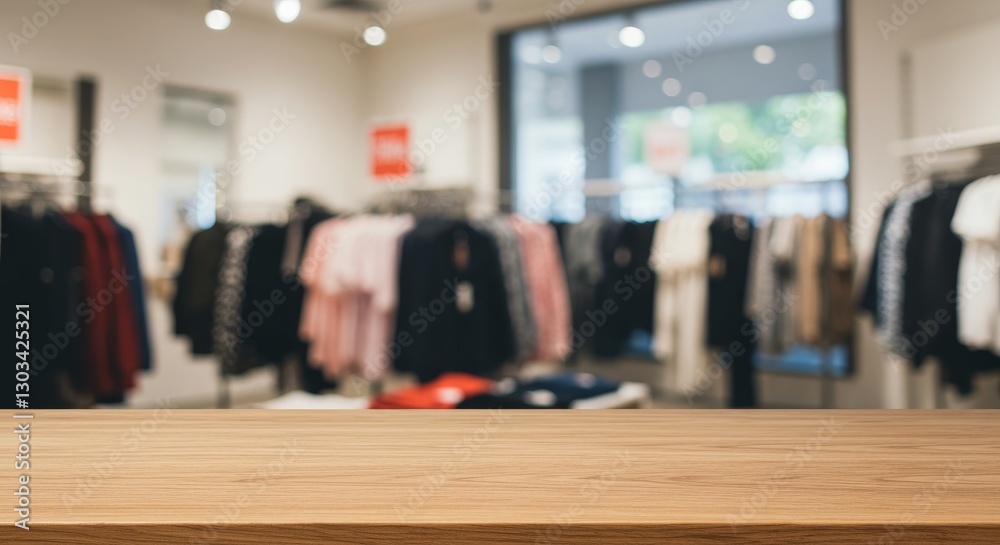 Obraz premium Empty Wooden Table in Clothing Store - A light brown wooden table in front of a blurred background of clothing racks in a store. Perfect for product placement