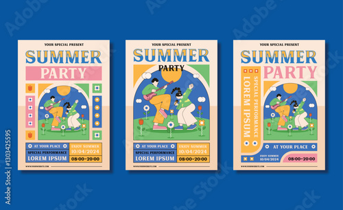 Street concert posters set. Advertisement flyers of music event. Musicians play musical instruments, singer sings song. Design of promo placard to jazz band performance. Flat vector illustrations