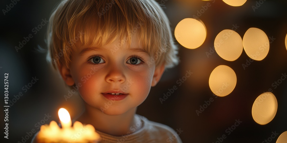 Young child smiling while holding a candle surrounded by warm glowing lights during a festive celebration Young child smiling while holding a candle surrounded by warm glowing lights during a festive celebration