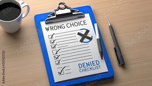 3D Blue Clipboard with paper notes with cross marks. Wrong Choice. Cancel, Error, Stop, Disapprove icon symbol. Denied checklist Concept. Minimal cartoon creative style. 3d rendering