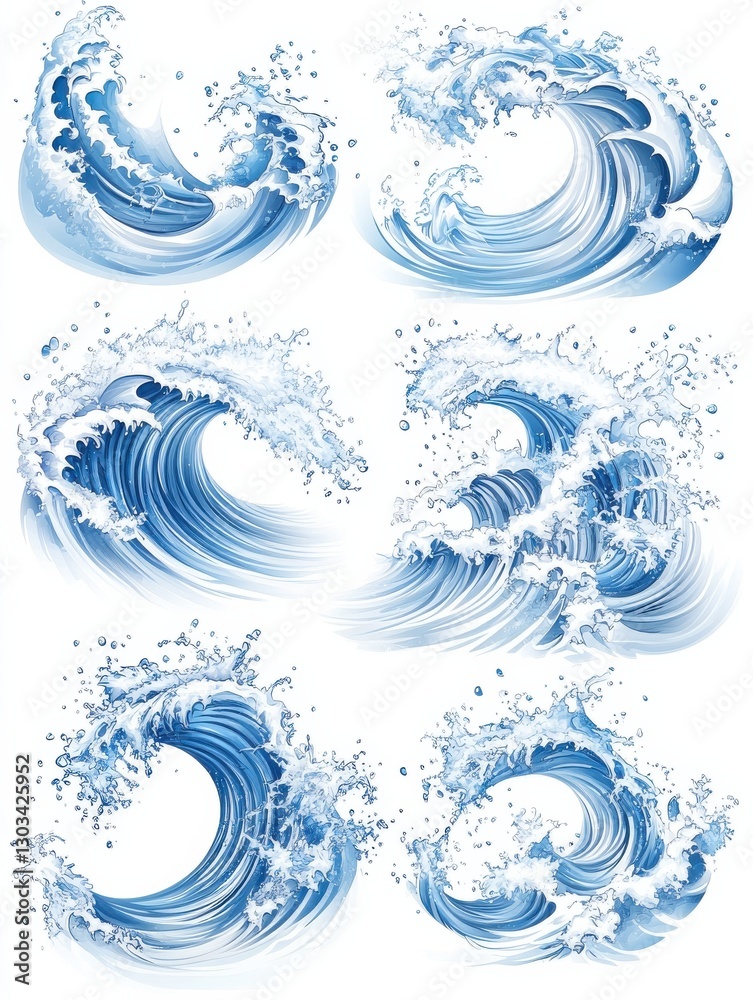 Line sea wave. Ocean water wavy elements, splashing blue storm waves isolated vector set Line sea wave. Ocean water wavy elements, splashing blue storm waves isolated vector set