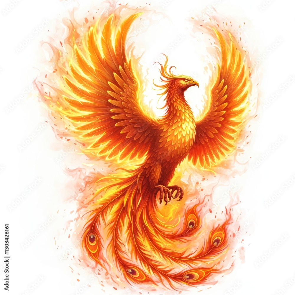 Obraz premium Fiery Phoenix Bird Fantasy Art - A majestic phoenix, engulfed in flames, symbolizes rebirth, immortality, power, and transformation. Its vibrant plumage and graceful pose evoke a sense of wonder