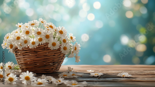 Basket of daisies with scattered flowers on wooden table against blurred bokeh background with copy space