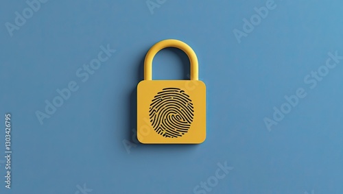 Isolated on a blue background is a 3D Fingerprint yellow padlock icon. biometric confirmation. Touch the fingerprint on your ID. Fingerprint symbol, minimal. notion of secure personal data and account