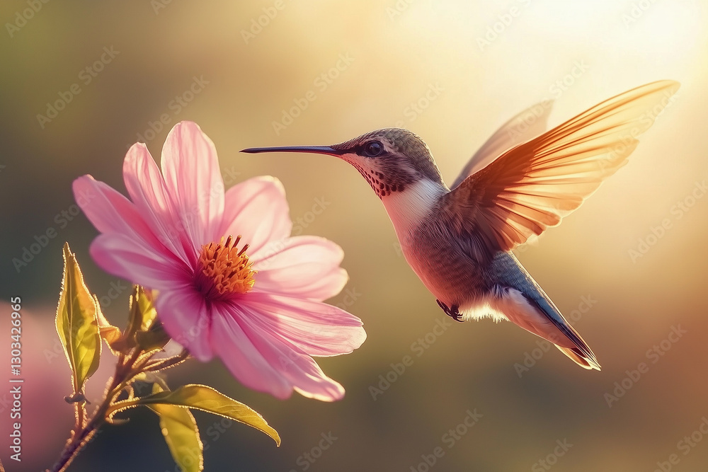 Fototapeta premium a hummingbird flying over a pink flower with a blue sky background and sun shining through the wings of the flower