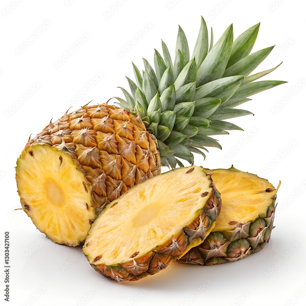 Fresh Pineapple Slices and Whole Fruit Isolated on White Background Fresh Pineapple Slices and Whole Fruit Isolated on White Background