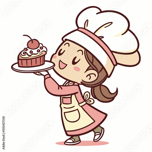 Cute Bakery chef girl taste smiling cartoon art illustration logo. Premium Vector