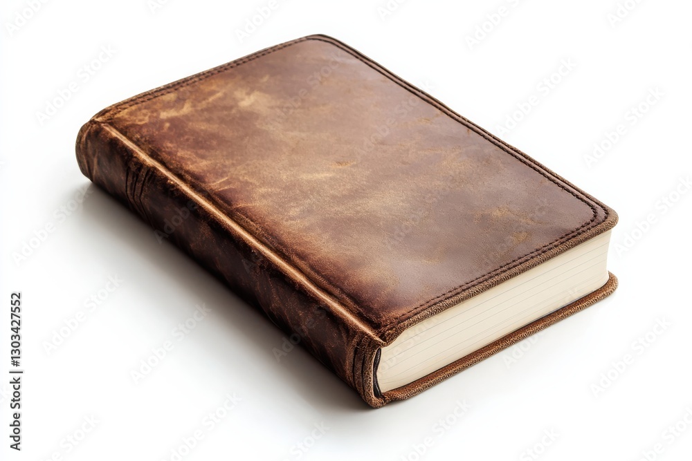 A beautifully aged leather-bound book resting on a minimalist white surface, inviting exploration isolated on transparent background A beautifully aged leather-bound book resting on a minimalist white surface, inviting exploration isolated on transparent background