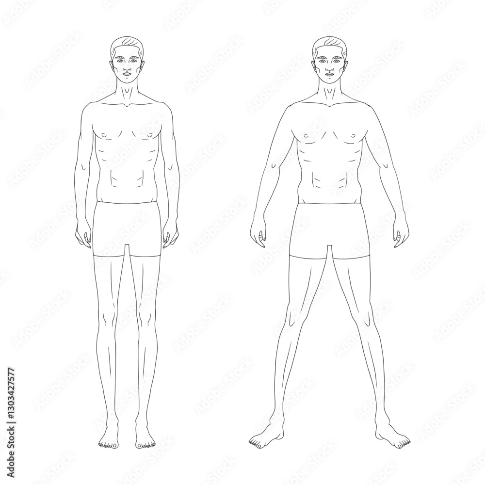 Fototapeta premium Two male line technical drawing croquis figures in two poses for flat fashion sketches and cads. Normal size vector mannequin design. 