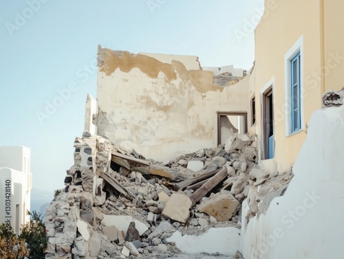 A tragic scene of an earthquake's aftermath in Santorini, showing collapsed buildings and ruins, symbolizing destruction, natural disasters, and resilience. Generative AI