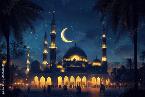 A nighttime view of a large illuminated mosque photo