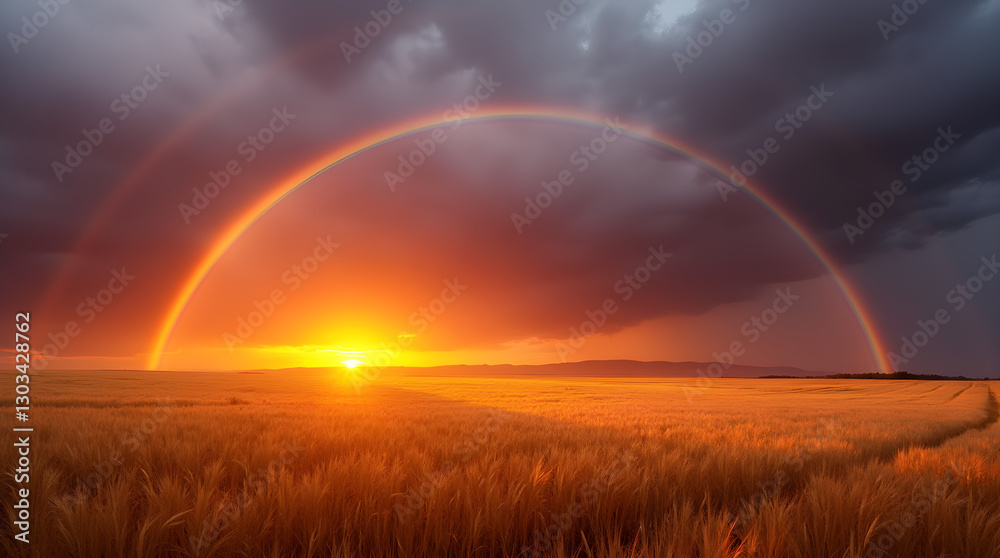 Breathtaking Double Rainbow Sunset Over Golden Wheat Field Stormy Sky Breathtaking Double Rainbow Sunset Over Golden Wheat Field Stormy Sky