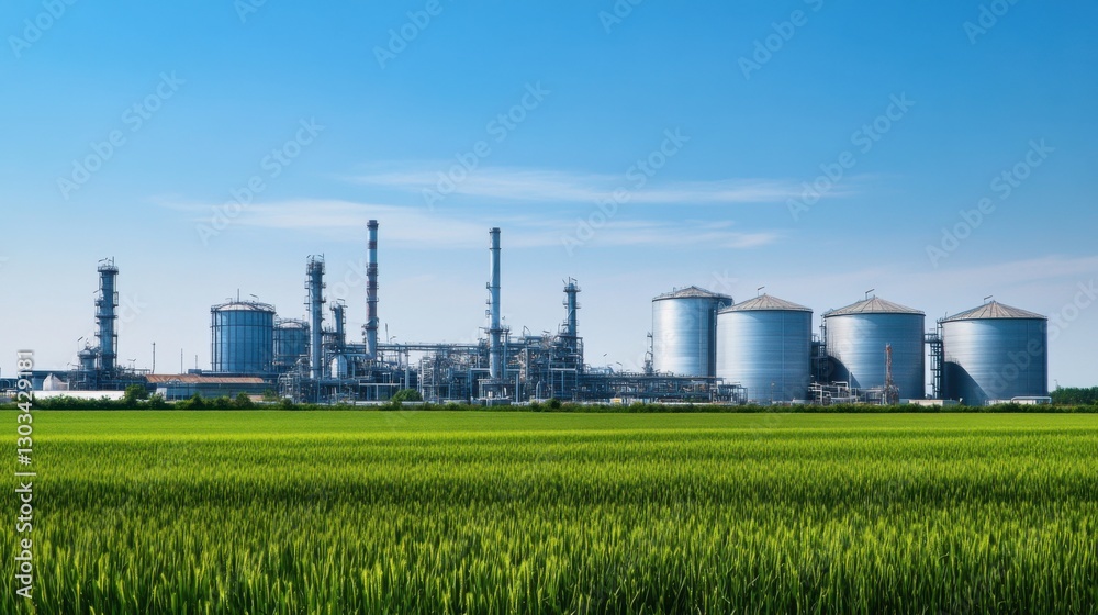 An industrial plant with silver tanks and pipes surrounded by green fields under a blue sky An industrial plant with silver tanks and pipes surrounded by green fields under a blue sky