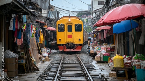 A slow train passed through Bangkok's Mae Klong Railway Market on November 18, 2024.  Vendors with umbrellas sheltered their goods as the train carefully moved along the tracks.
