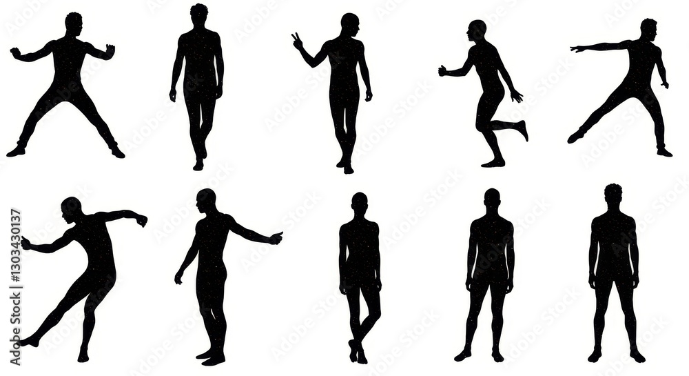 Male Silhouettes in Various Poses - Collection of ten diverse male silhouettes showcasing dynamic poses, perfect for design, animation, or illustration projects Male Silhouettes in Various Poses - Collection of ten diverse male silhouettes showcasing dynamic poses, perfect for design, animation, or illustration projects