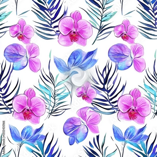 Wallpaper Mural Seamless pattern of watercolor orchid flowers and tropical leaves, in a color palette of pink, purple, blue, and green Torontodigital.ca