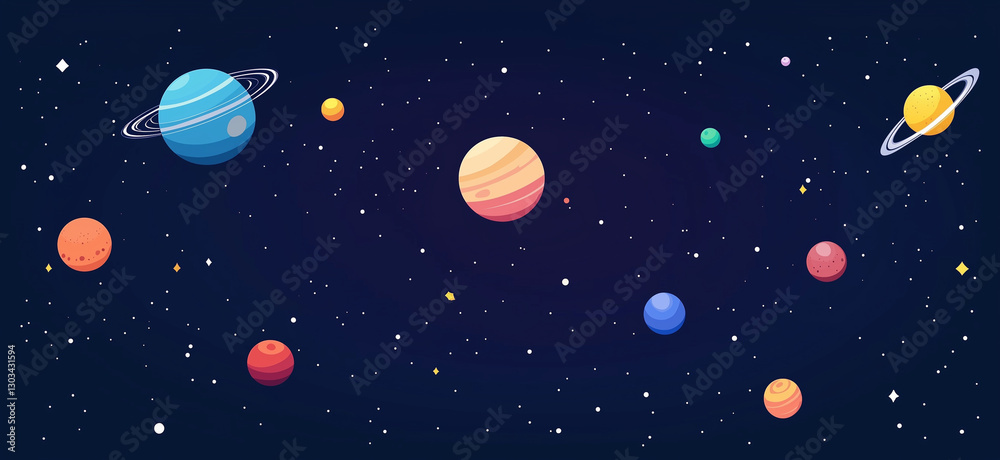 Flat Vector Space Illustration – Planets, Stars, and Nebula in a Minimalist Style Flat Vector Space Illustration – Planets, Stars, and Nebula in a Minimalist Style