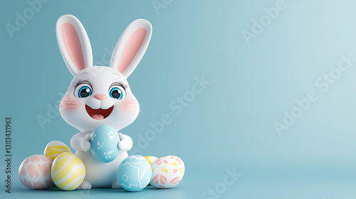 Happy Easter bunny with colorful eggs on pastel blue background and copy space