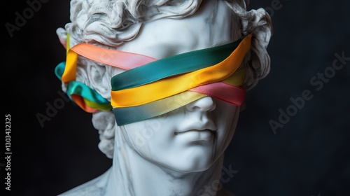 A classical marble statue is reimagined with vibrant ribbon blindfolds, blending tradition and modernity to explore perception and identity. photo