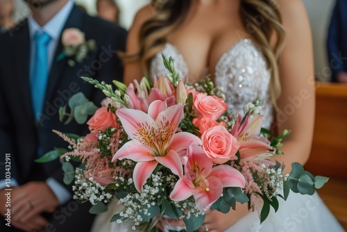 Stunning Bridal Bouquet: Pink Roses and Lilies Wedding Flowers photo