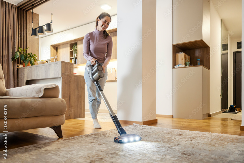 Fototapeta premium Neat young woman vacuuming floor in living room.