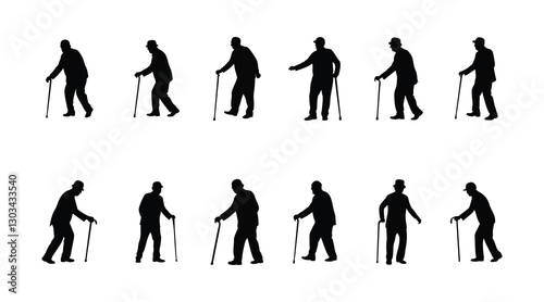 Elderly Man Silhouettes with Walking Cane - Vector Set