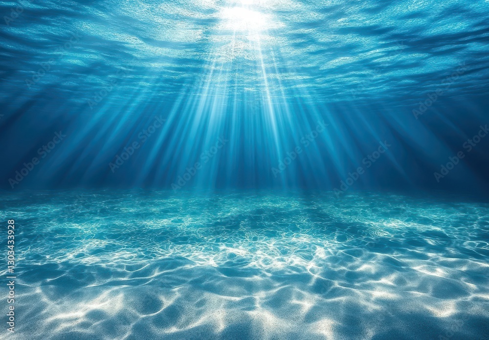 Crystal Clear Water Surface with Rays of Sunlight Illuminating the Deep Ocean Floor, Creating a Serene Underwater Atmosphere Crystal Clear Water Surface with Rays of Sunlight Illuminating the Deep Ocean Floor, Creating a Serene Underwater Atmosphere