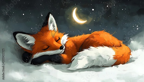 Sleepy Fox Napping in Snowy Night