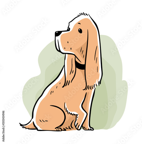 American Cocker Spaniel. Cute dog with big ears. Obedient dog sitting. Pet with a collar. Care of animals. Cartoon vector illustration. Hand drawn outline