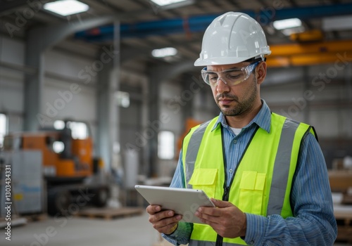 A man in a construction site, wearing a white hard hat, safety goggles, a striped shirt, and a neon yellow vest, holding a tablet with a serious expression.

