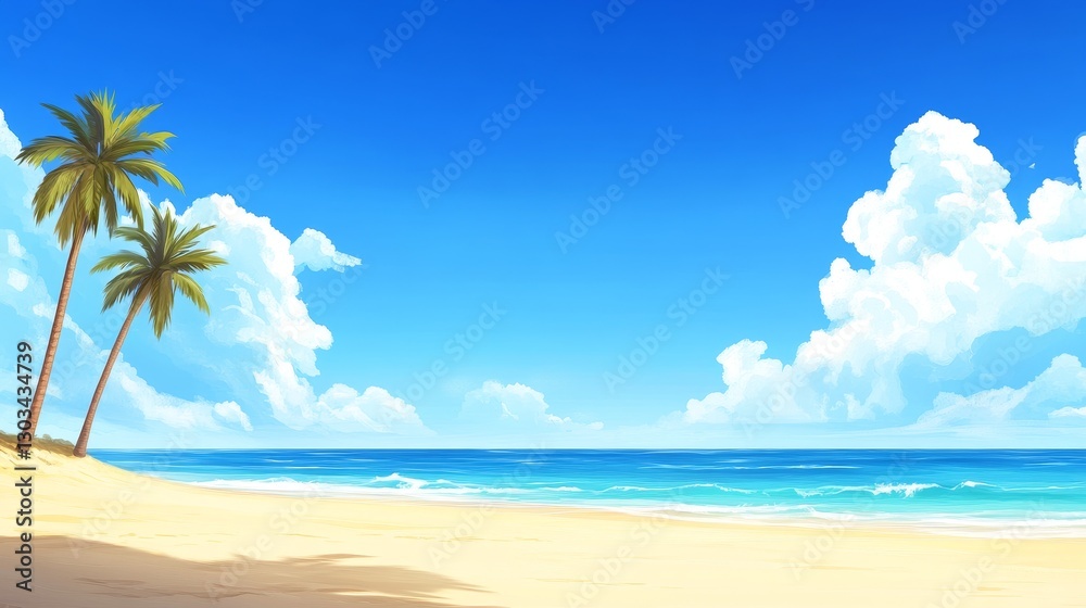 Obraz premium Serene beach scene with palm trees, clear blue sky, and gentle waves lapping at the shore