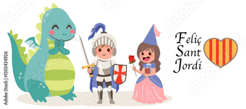 Saint Jordi's tale Characters Vector Illustration. Dragon, knight and princess mascot celebrating Catalan traditional fairytale for Saint George's Day
