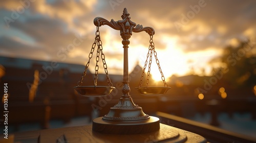 Golden scales of justice at sunset over a city