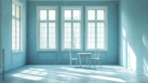 Empty Light-Filled Pale Blue Room with Table and Chairs