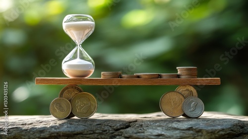 Time and money: a balancing act.  Imagine a seesaw with a sand timer on one side and coins on the other.  Plenty of room for your message.

