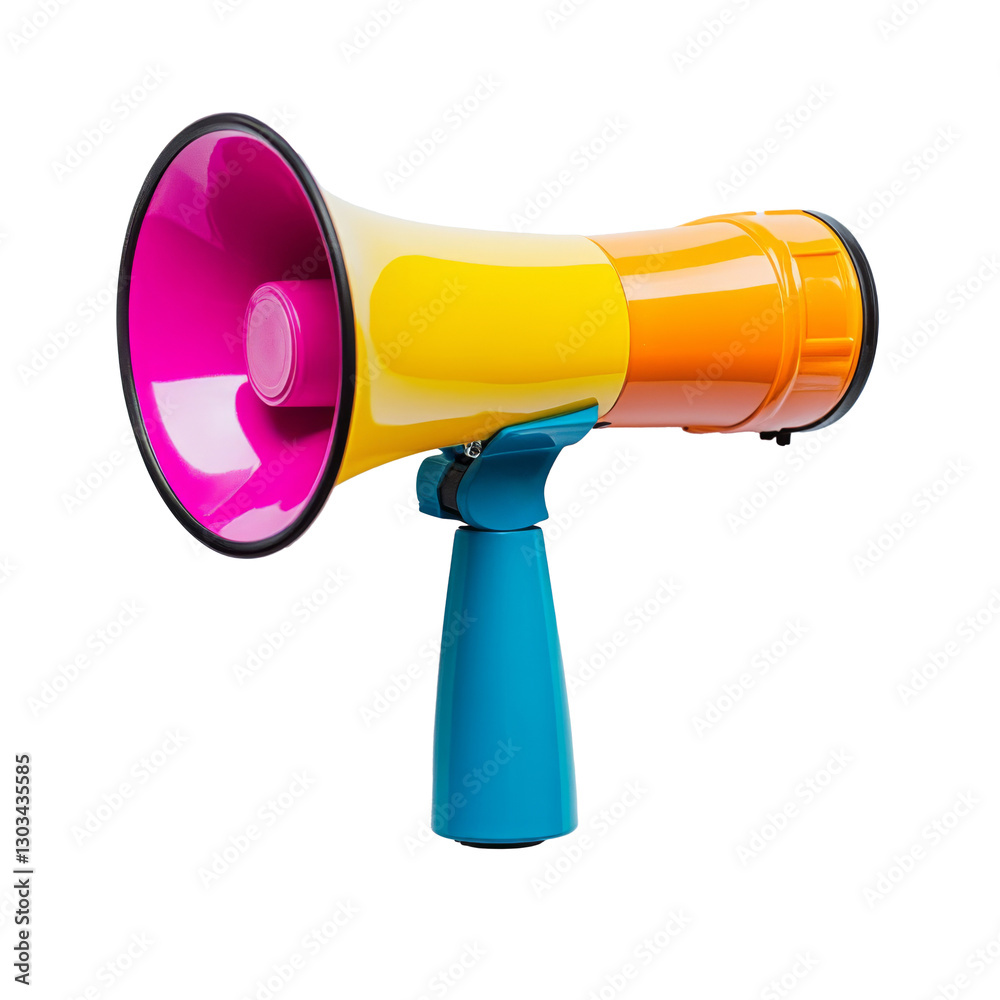 Colorful megaphone with vibrant pink, yellow and blue design isolated on white background. Retro loudspeaker for speech and public speaking. Concept of advertising and announcements