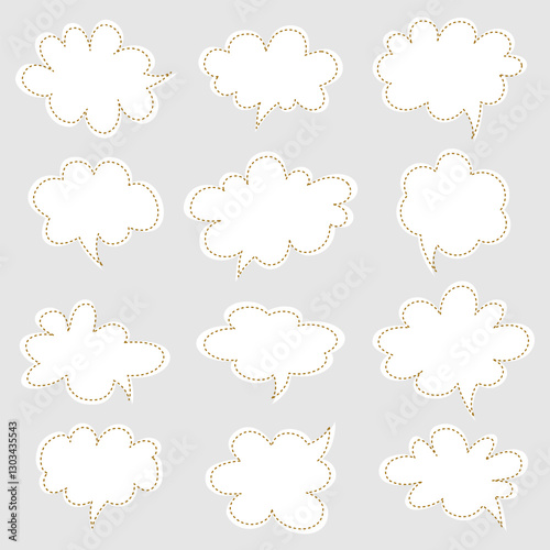 Speech bubbles, clouds, gray background, dotted brown line