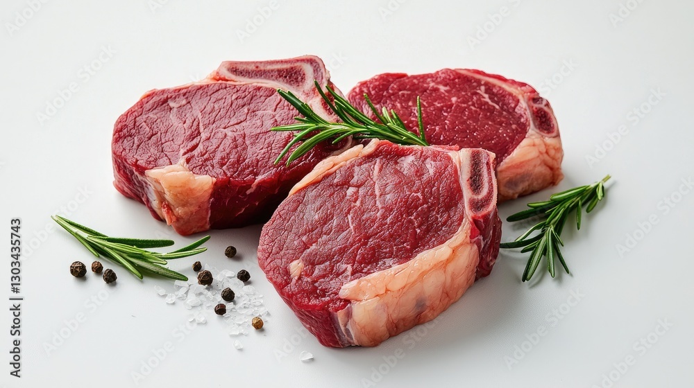 Beautifully marbled raw steaks with a touch of rosemary and rock salt on a clean white backdrop. Beautifully marbled raw steaks with a touch of rosemary and rock salt on a clean white backdrop.