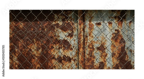 Rusty Chain Link Fence Texture - Close-up of a rusty chain link fence against a weathered metal background. Perfect for grunge or industrial design projects photo