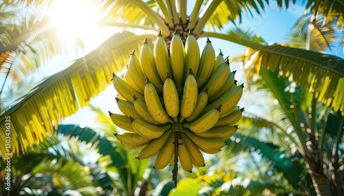 Wallpaper Mural In brilliant sunlight, a banana bunch ripens on a tree against a colorful tropical backdrop Torontodigital.ca