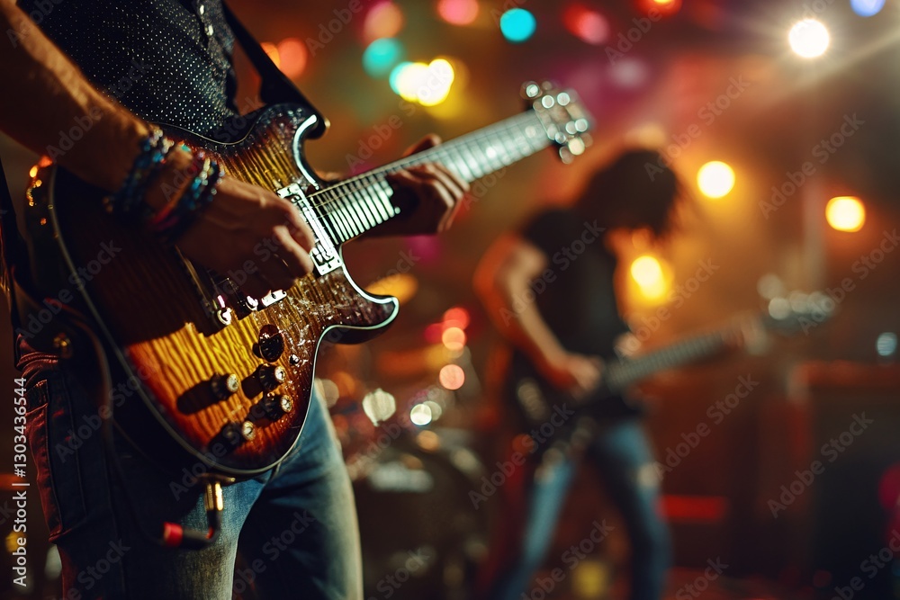 Obraz premium Electrifying Performance: A guitarist strums an electric guitar with intense focus and passion on a stage bathed in vibrant stage lights, with a fellow musician in the background. 