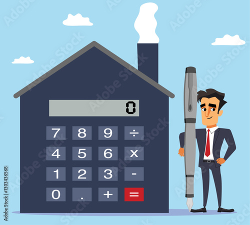 Property agent or broker holding a pen, Mortgage or rent calculation concept, household bill payment